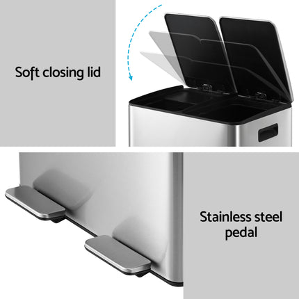 Cefito Pedal Bins Rubbish Bin Dual Compartment Waste Recycle Dustbins 60L Silver.