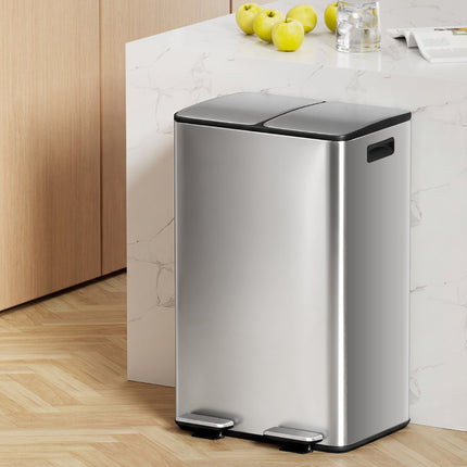 Cefito Pedal Bins Rubbish Bin Dual Compartment Waste Recycle Dustbins 60L Silver.