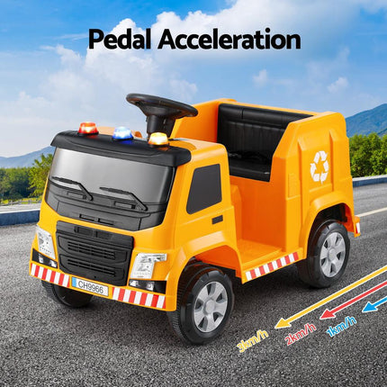 Rigo Kids Ride On Car Garbage Truck Police Light 12V Electric Toys Cars Yellow.