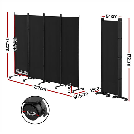 Artiss 4 Panel Room Divider Screen 217cm Wheel Fabric Black.
