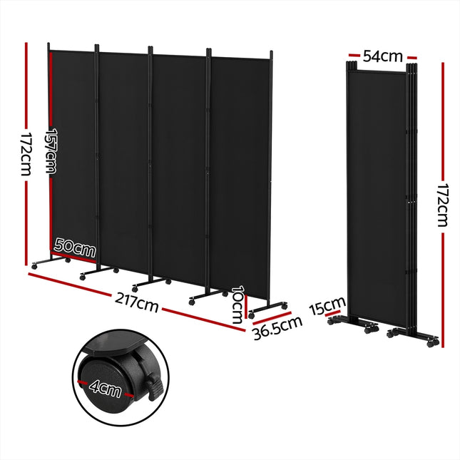 Artiss 4 Panel Room Divider Screen 217cm Wheel Fabric Black.