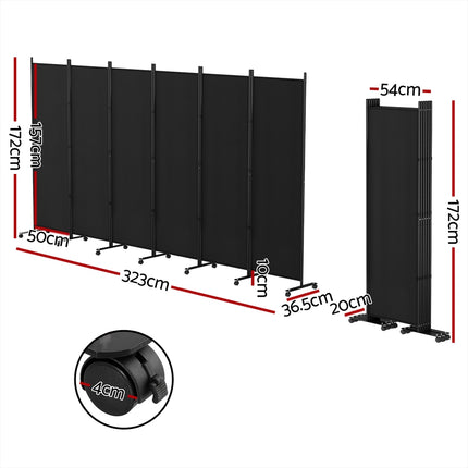 Artiss 6 Panel Room Divider Screen 323cm Wheel Fabric Black.