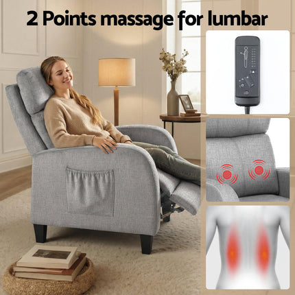 Artiss Massage Recliner Chair Small Recliner Sofa for Adults Fabric Grey.