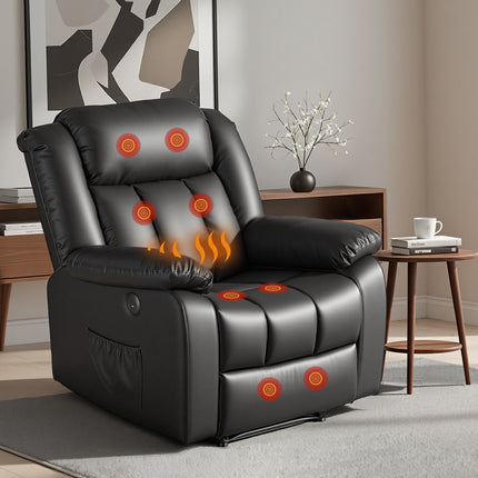 Artiss Manual Massage Recliner Chair for Living Room, Leather Sofa Lounge Reclining Chair with 2 USB Port, 160° Recline Reading Chair with 20CM Wide Armrests, 8 Point Vibration & Lumbar Heat, Black.