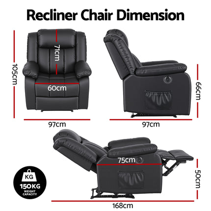 Artiss Manual Massage Recliner Chair for Living Room, Leather Sofa Lounge Reclining Chair with 2 USB Port, 160° Recline Reading Chair with 20CM Wide Armrests, 8 Point Vibration & Lumbar Heat, Black.
