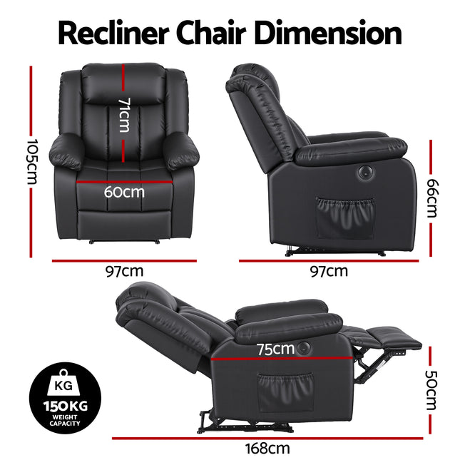 Artiss Manual Massage Recliner Chair for Living Room, Leather Sofa Lounge Reclining Chair with 2 USB Port, 160° Recline Reading Chair with 20CM Wide Armrests, 8 Point Vibration & Lumbar Heat, Black.