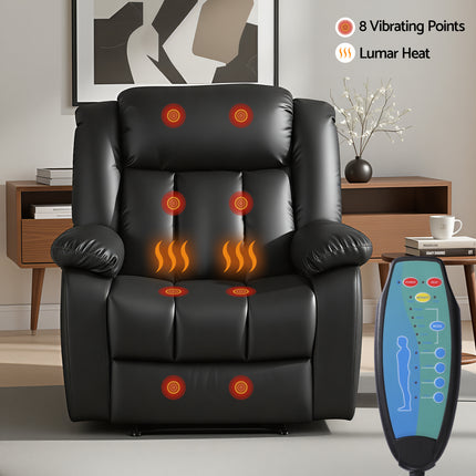 Artiss Manual Massage Recliner Chair for Living Room, Leather Sofa Lounge Reclining Chair with 2 USB Port, 160° Recline Reading Chair with 20CM Wide Armrests, 8 Point Vibration & Lumbar Heat, Black.