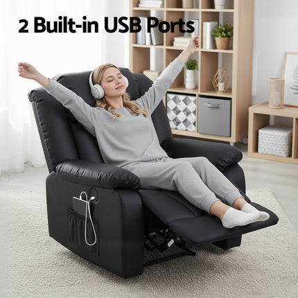 Artiss Manual Massage Recliner Chair for Living Room, Leather Sofa Lounge Reclining Chair with 2 USB Port, 160° Recline Reading Chair with 20CM Wide Armrests, 8 Point Vibration & Lumbar Heat, Black.