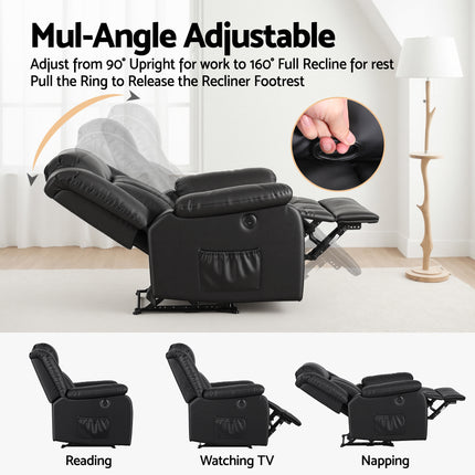 Artiss Manual Massage Recliner Chair for Living Room, Leather Sofa Lounge Reclining Chair with 2 USB Port, 160° Recline Reading Chair with 20CM Wide Armrests, 8 Point Vibration & Lumbar Heat, Black.