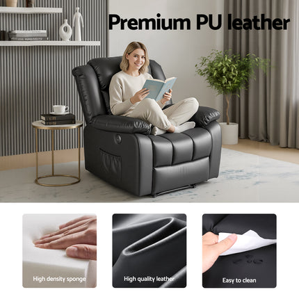Artiss Manual Massage Recliner Chair for Living Room, Leather Sofa Lounge Reclining Chair with 2 USB Port, 160° Recline Reading Chair with 20CM Wide Armrests, 8 Point Vibration & Lumbar Heat, Black.