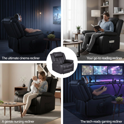 Artiss Manual Massage Recliner Chair for Living Room, Leather Sofa Lounge Reclining Chair with 2 USB Port, 160° Recline Reading Chair with 20CM Wide Armrests, 8 Point Vibration & Lumbar Heat, Black.
