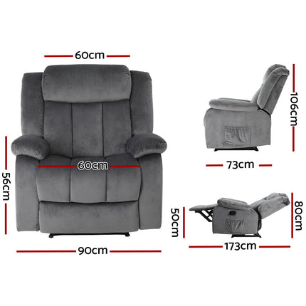 Artiss Recliner Chair Electric Massage Chair Velvet Lounge Sofa Heated Grey.