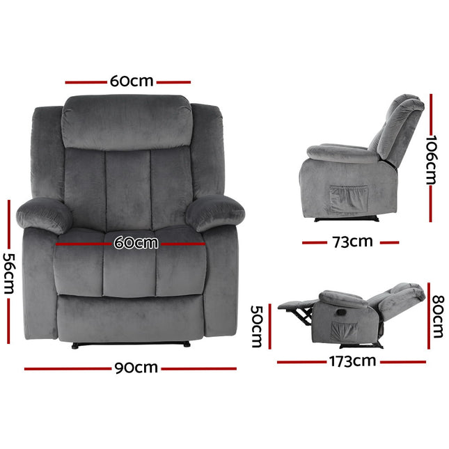 Artiss Recliner Chair Electric Massage Chair Velvet Lounge Sofa Heated Grey.