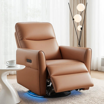 Artiss Swivel Recliner Chair Leather Rocking Reclining Sofa with Charging Ports LED Brown.