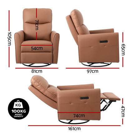 Artiss Swivel Recliner Chair Leather Rocking Reclining Sofa with Charging Ports LED Brown.