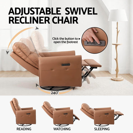 Artiss Swivel Recliner Chair Leather Rocking Reclining Sofa with Charging Ports LED Brown.