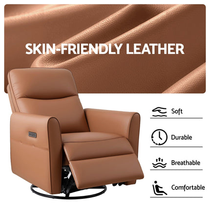Artiss Swivel Recliner Chair Leather Rocking Reclining Sofa with Charging Ports LED Brown.