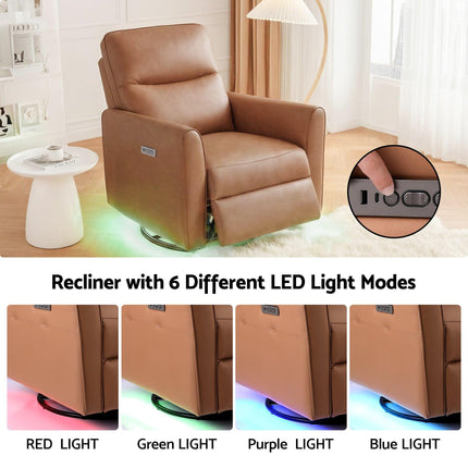 Artiss Swivel Recliner Chair Leather Rocking Reclining Sofa with Charging Ports LED Brown.