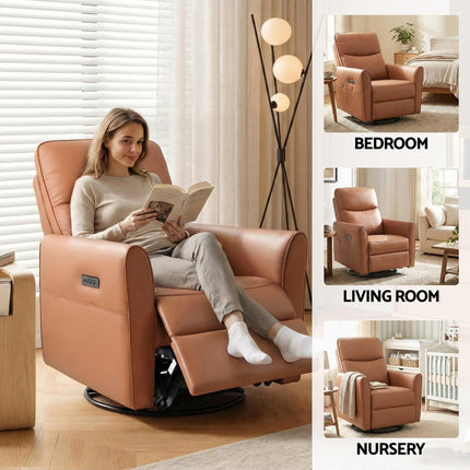 Artiss Swivel Recliner Chair Leather Rocking Reclining Sofa with Charging Ports LED Brown.