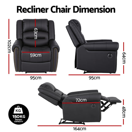 Artiss Leather Manual Recliner Chair with USB Charge Port, Overstuffed Armchair Sofa for Living Room and Nursery, Asjustable Theater Reclining Lounge with Comfortable Wide Seat, 150kg Capacity, Black.