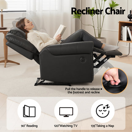 Artiss Leather Manual Recliner Chair with USB Charge Port, Overstuffed Armchair Sofa for Living Room and Nursery, Asjustable Theater Reclining Lounge with Comfortable Wide Seat, 150kg Capacity, Black.