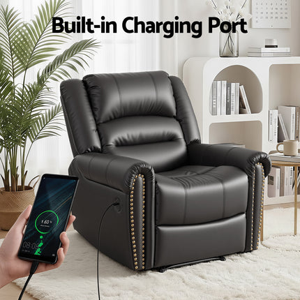 Artiss Leather Manual Recliner Chair with USB Charge Port, Overstuffed Armchair Sofa for Living Room and Nursery, Asjustable Theater Reclining Lounge with Comfortable Wide Seat, 150kg Capacity, Black.