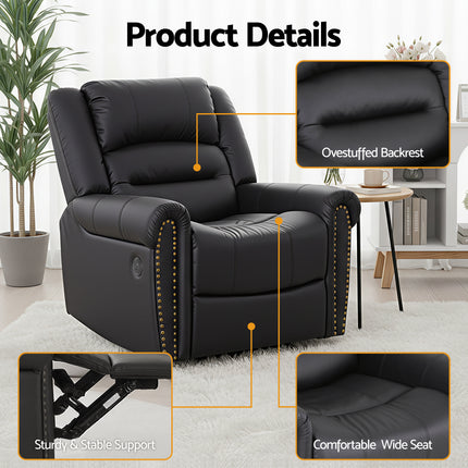 Artiss Leather Manual Recliner Chair with USB Charge Port, Overstuffed Armchair Sofa for Living Room and Nursery, Asjustable Theater Reclining Lounge with Comfortable Wide Seat, 150kg Capacity, Black.