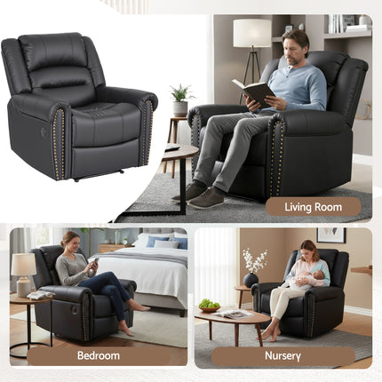 Artiss Leather Manual Recliner Chair with USB Charge Port, Overstuffed Armchair Sofa for Living Room and Nursery, Asjustable Theater Reclining Lounge with Comfortable Wide Seat, 150kg Capacity, Black.
