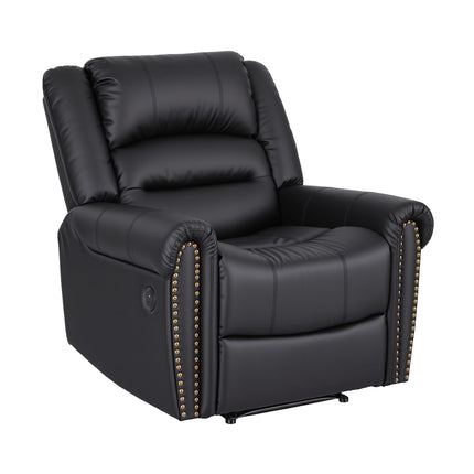 Artiss Leather Manual Recliner Chair with USB Charge Port, Overstuffed Armchair Sofa for Living Room and Nursery, Asjustable Theater Reclining Lounge with Comfortable Wide Seat, 150kg Capacity, Black.