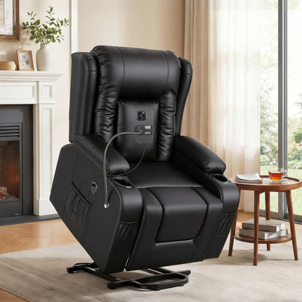 Artiss Power Lift Recliner Chair with Massage and Heat for Elderly, Electric Sofa Reclining Chair with USB and Phone Holder, PU Leather Comfy Armchair for Living Room, 2 Cup Holder & 4 Pockets, Black.