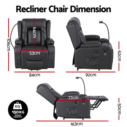 Artiss Power Lift Recliner Chair with Massage and Heat for Elderly, Electric Sofa Reclining Chair with USB and Phone Holder, PU Leather Comfy Armchair for Living Room, 2 Cup Holder & 4 Pockets, Black.