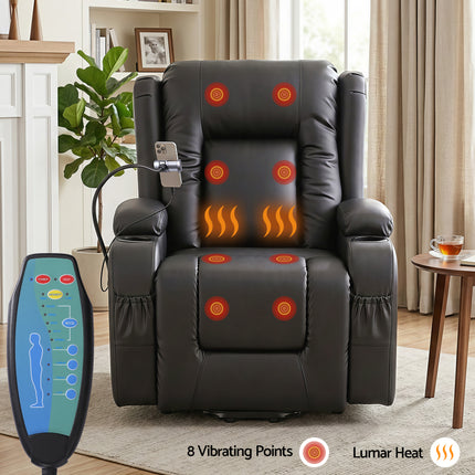 Artiss Power Lift Recliner Chair with Massage and Heat for Elderly, Electric Sofa Reclining Chair with USB and Phone Holder, PU Leather Comfy Armchair for Living Room, 2 Cup Holder & 4 Pockets, Black.