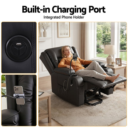 Artiss Power Lift Recliner Chair with Massage and Heat for Elderly, Electric Sofa Reclining Chair with USB and Phone Holder, PU Leather Comfy Armchair for Living Room, 2 Cup Holder & 4 Pockets, Black.