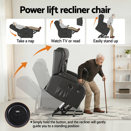 Artiss Power Lift Recliner Chair with Massage and Heat for Elderly, Electric Sofa Reclining Chair with USB and Phone Holder, PU Leather Comfy Armchair for Living Room, 2 Cup Holder & 4 Pockets, Black.