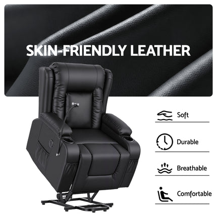 Artiss Power Lift Recliner Chair with Massage and Heat for Elderly, Electric Sofa Reclining Chair with USB and Phone Holder, PU Leather Comfy Armchair for Living Room, 2 Cup Holder & 4 Pockets, Black.