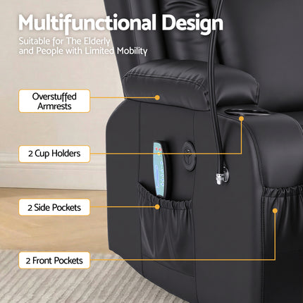 Artiss Power Lift Recliner Chair with Massage and Heat for Elderly, Electric Sofa Reclining Chair with USB and Phone Holder, PU Leather Comfy Armchair for Living Room, 2 Cup Holder & 4 Pockets, Black.