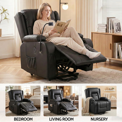Artiss Power Lift Recliner Chair with Massage and Heat for Elderly, Electric Sofa Reclining Chair with USB and Phone Holder, PU Leather Comfy Armchair for Living Room, 2 Cup Holder & 4 Pockets, Black.