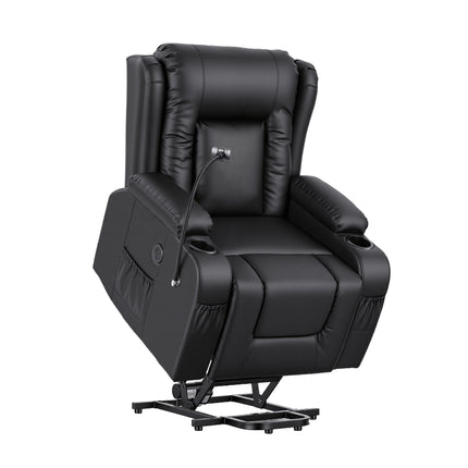 Artiss Power Lift Recliner Chair with Massage and Heat for Elderly, Electric Sofa Reclining Chair with USB and Phone Holder, PU Leather Comfy Armchair for Living Room, 2 Cup Holder & 4 Pockets, Black.