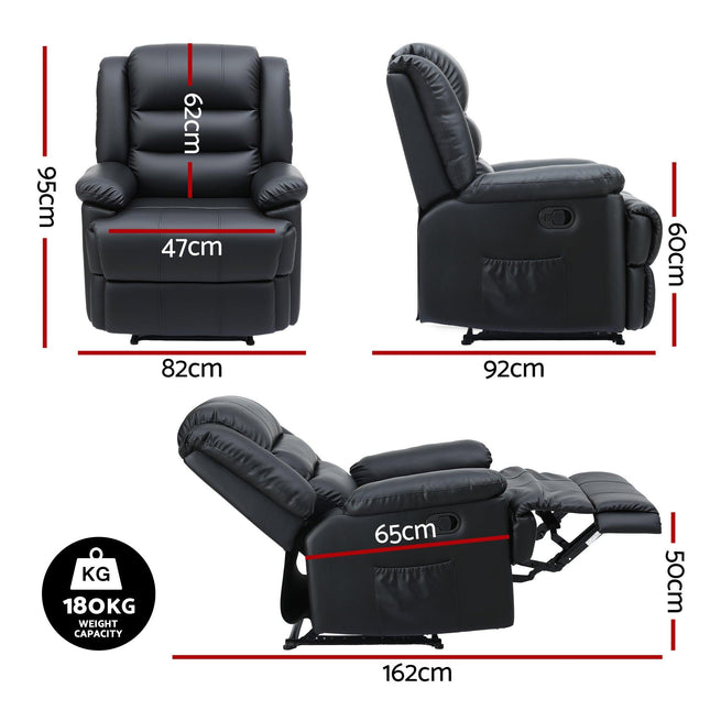 Artiss Manual Recliner Chair Leather Reclining Sofa with 16color Led Black.