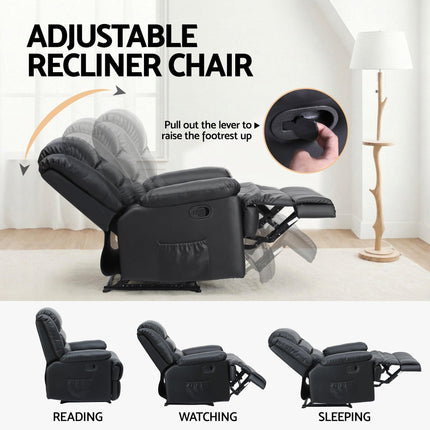 Artiss Manual Recliner Chair Leather Reclining Sofa with 16color Led Black.
