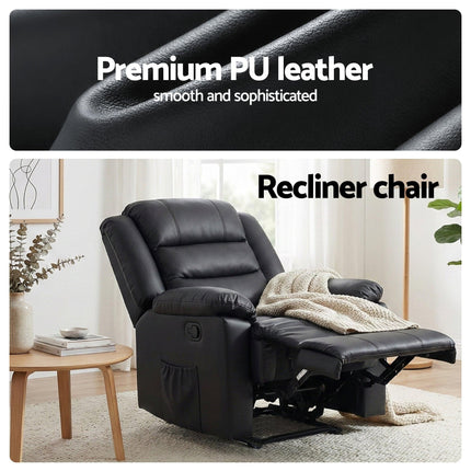 Artiss Manual Recliner Chair Leather Reclining Sofa with 16color Led Black.