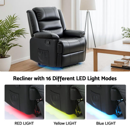 Artiss Manual Recliner Chair Leather Reclining Sofa with 16color Led Black.