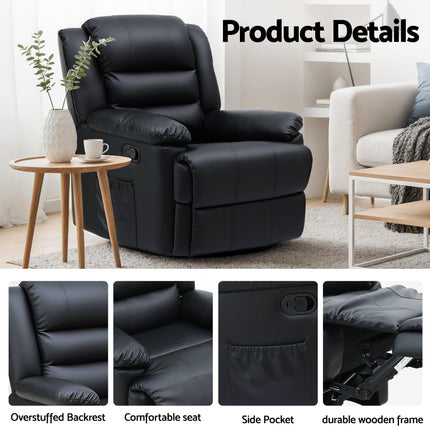 Artiss Manual Recliner Chair Leather Reclining Sofa with 16color Led Black.