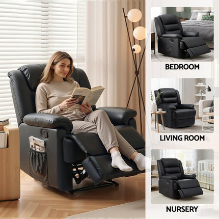 Artiss Manual Recliner Chair Leather Reclining Sofa with 16color Led Black.