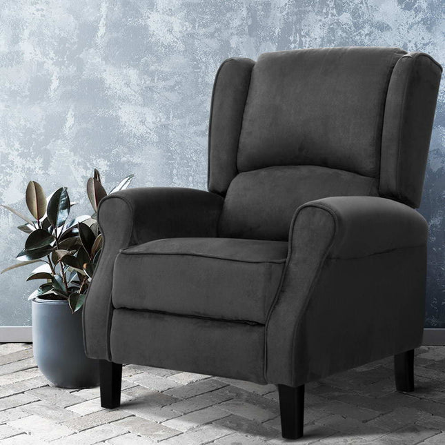 Artiss Recliner Chair Adjustable Sofa Lounge Soft Suede Armchair Couch Charcoal.