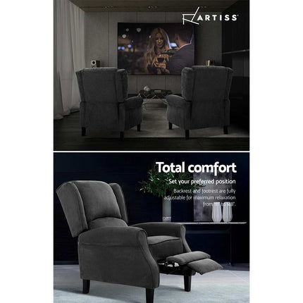 Artiss Recliner Chair Adjustable Sofa Lounge Soft Suede Armchair Couch Charcoal.