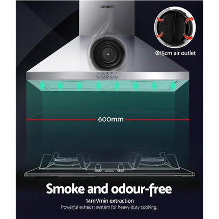 Devanti 600mm Range Hood 60cm Rangehood Stainless Steel.