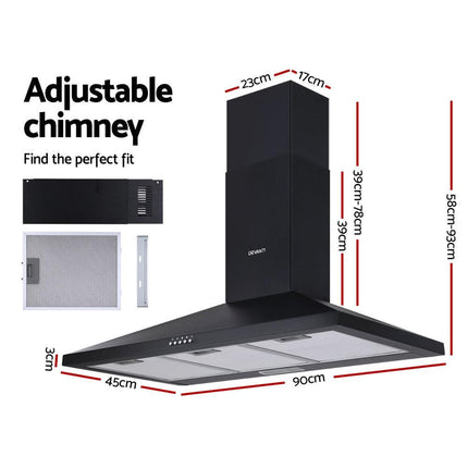 Devanti 900mm Range Hood 90cm Rangehood Black.
