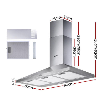 Devanti 900mm Range Hood 90cm Rangehood Stainless Steel.
