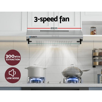 Devanti 600mm Range Hood 60cm Rangehood Kitchen Canopy LED Light Stainless Steel.